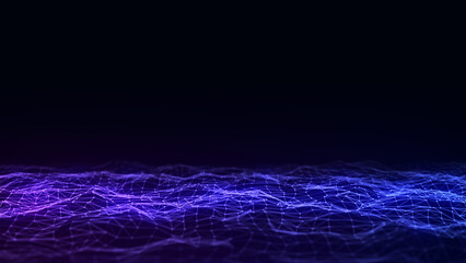 Colors wave with motion dots and lines. Abstract digital background. Concept connection big data. Futuristic technology backdrop. 3D rendering.