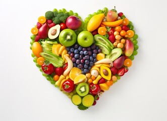 Fresh fruits and vegetables heart shape.