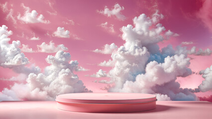 Pink Cloud Product Display Background, sky platform product display, cloud pastel scene stands, Abstract Pink podium stage, dreamy beauty space studio, white pedestal, podium platform, product advert