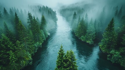 Norway coniferous forest and river drone landscape top down, over trees and blue water in scandinavian nature wilderness