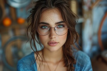 Striking image of a pensive young woman with wet hair and transparent glasses looking directly at the camera