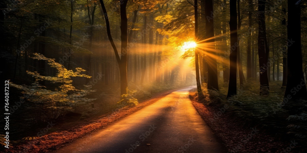 Poster sunlight peeking through autumn forest trees generative ai