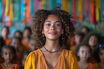 An inviting portrait of a young woman in a yellow blouse, with a confident smile and a vivid, multicolor backdrop - obrazy, fototapety, plakaty