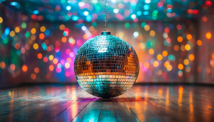Obraz premium Party themed room with disco ball and lights in the background. Generative AI