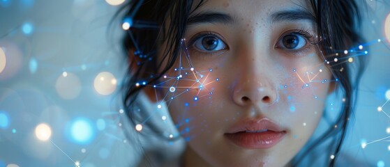 An innovative future technology enables a young Asian woman to view her phone data and functions in holographic displays all around her. - obrazy, fototapety, plakaty