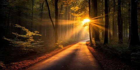 Sunlight Peeking Through Autumn Forest Trees Generative AI