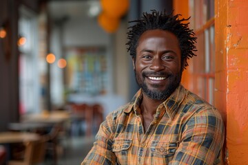 Fototapeta premium A radiant portrait of a man with dreadlocks wearing a plaid shirt against an orange backdrop, showing a genuine smile