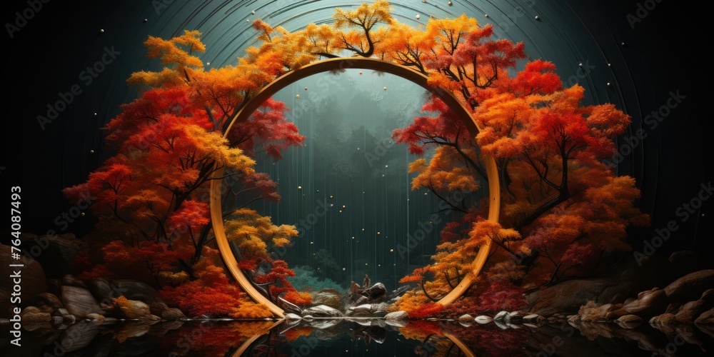 Poster circular surrounded by autumn trees generative ai