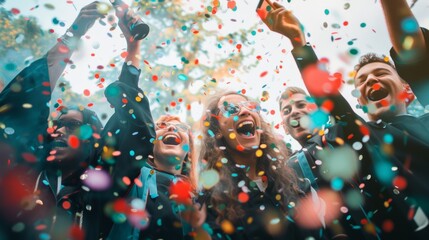 Obraz premium Graduates at a party popping confetti poppers and cheering