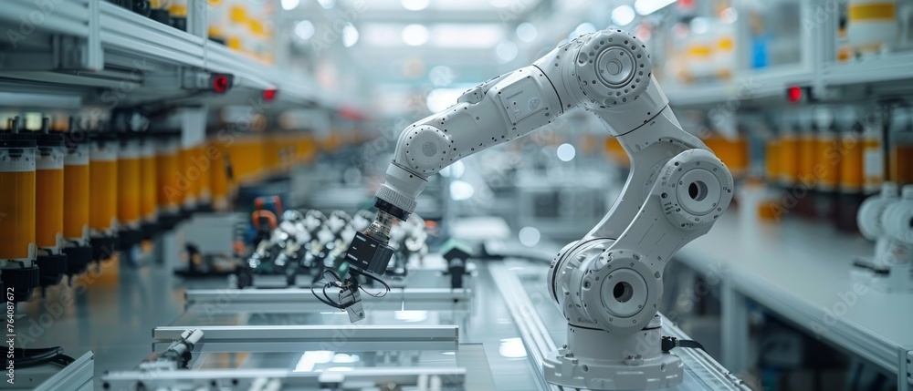 Poster Digital factory robot arms integrated with IOT software to control production in Industry 4.0 or the 4th Industrial Revolution.