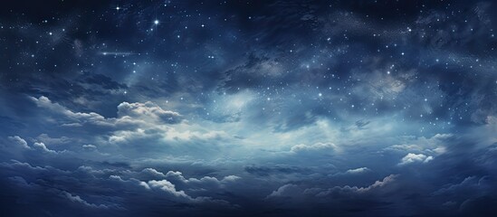 A scenic view of a night sky with a deep blue hue, featuring twinkling stars scattered amidst soft white clouds - obrazy, fototapety, plakaty