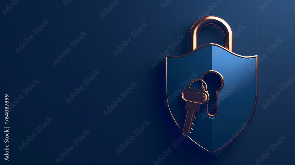Poster Cyber security internet and networking concept. Shield shape with padlock. Safety and privacy. Cartoon realist icon isolated on blue background. 3D rendering.