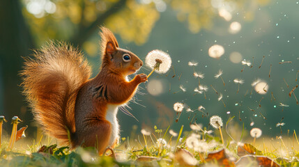 Squirrel on hind legs, playing with a dandelion, as seeds drift away in the soft golden light of morning - obrazy, fototapety, plakaty