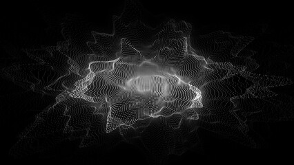 Glowing wave with motion dots and top view. Abstract digital background. Particle explosion. Concept connection big data. Futuristic technology backdrop. 3D rendering.