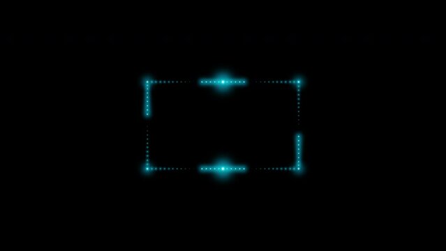 Glowing neon rectangular frame made of many small blue flashing dots, light bulbs. 4k 3d loop animation 60 fps.