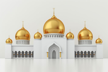 Fototapeta na wymiar 3d realistic mosque with golden domes, white background, generative ai