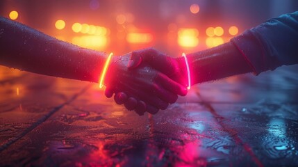 This modern illustration shows a handshake in a digital futuristic style. It illustrates a partnership, collaboration or teamwork concept. - obrazy, fototapety, plakaty
