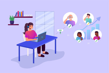 Home work concept. A girl wearing headphones sits at a table and works as an operator, communicates, answers calls in a call center.