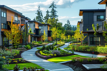 A recovering neighborhood revitalized by urban renewal projects, with green spaces and affordable...