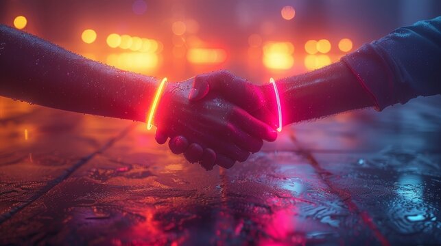 This modern illustration shows a handshake in a digital futuristic style. It illustrates a partnership, collaboration or teamwork concept.