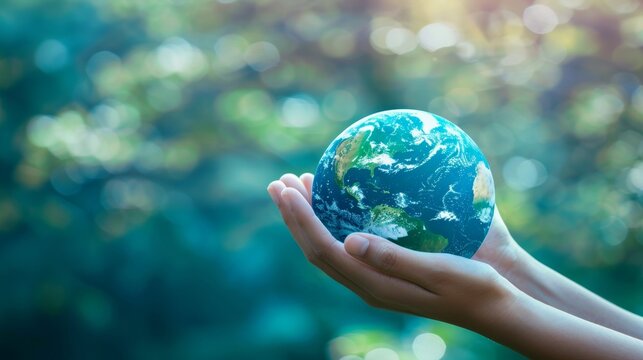 Concept image of NASA's sustain earth concept: Human hands holding the globe over a soft blue background. This image was created by NASA.