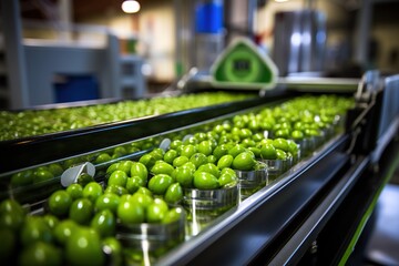 Food production process in a plant. Manufacturing green olives