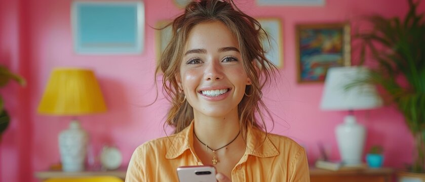 The picture shows a young female worker holding a mobile phone, celebrating a job promotion, getting a new job, feeling happy and rejoicing success with a yes reaction at work.