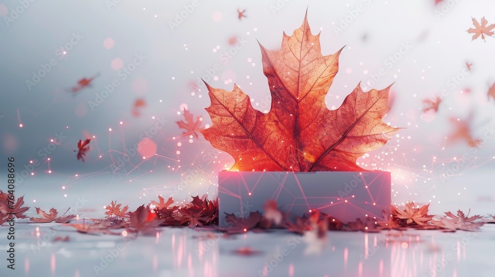 Poster This is an abstract open box and maple leaf. Autumn sale template. Low poly style design. Geometric background. Wireframe light connection structure. Modern 3D graphic concept. Isolated modern