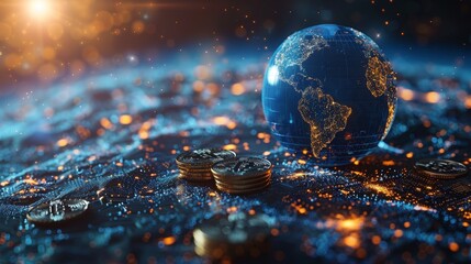 Blue planet earth with coins stacking on top. Concept for global payments. Low poly style design with a geometric background. Wireframe light connection structure. Modern 3D graphic. Modern - obrazy, fototapety, plakaty