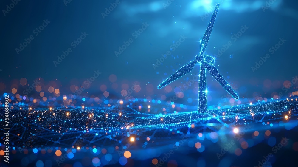 Aufkleber Graphite 3D illustration of an abstract blue glowing lightbulb near a wind turbine inside. Green energy concept. Low poly style. Geometric wireframe connection structure. Modern 3D graphic. Vector.
