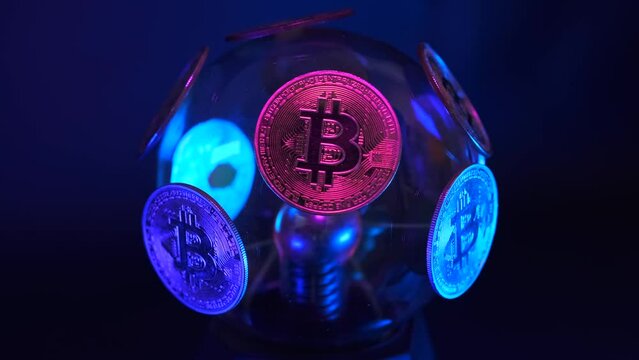 Bitcoin coins shimmering with neon purple and blue light on transparent electric ball slowly rotating dark background. Big data visualization. Virtual blockchain. 