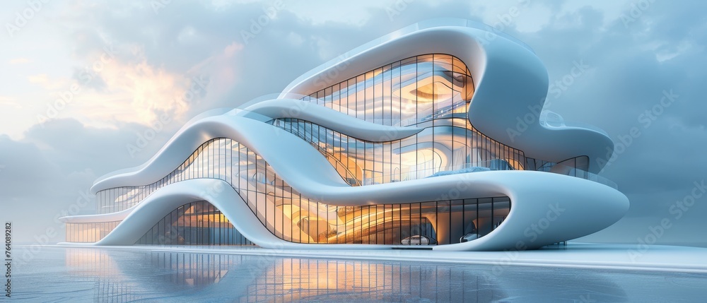 Leinwandbilder An angled view of a skyscraper with curve glass windows in a futuristic building, rendered in 3D.....