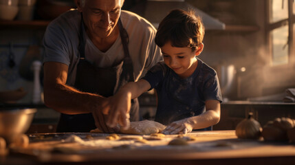 A toddler assists in baking, guided by a parent in a warm kitchen setting.