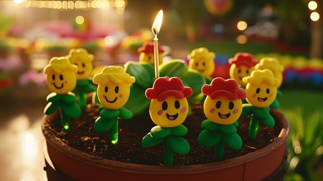Toy figures sitting on top of potted plant