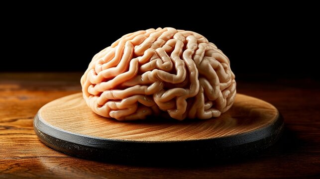 Close up of wooden plate with brain