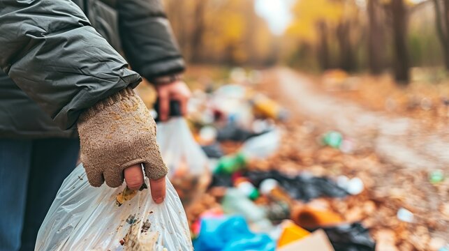 Person holding plastic bag full of garbage