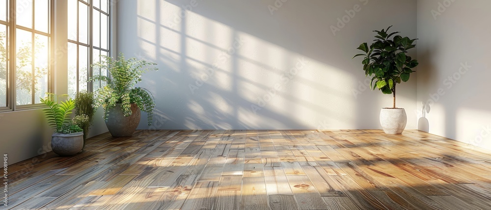 Poster this 3d render shows a modern empty room with wooden floors and a large white plain wall.