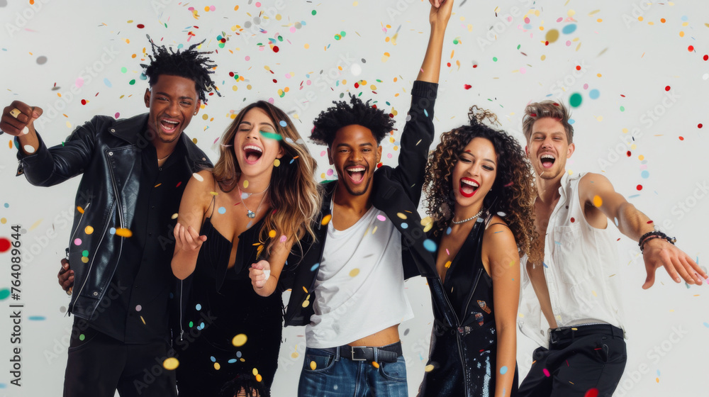 Poster Five friends are tossing confetti and laughing together at a vibrant indoor celebration.