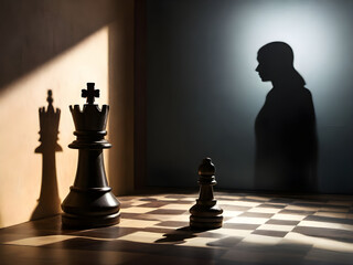  A chess queen and a pawn casting the human shadow on the wall behind it.