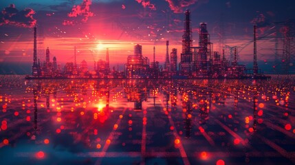 Modern illustration of the world oil industry on a sunset backdrop - Oilfield on a world map - concept of oil supply to the terminal, barrel accumulating - polygonal wireframe style. - obrazy, fototapety, plakaty