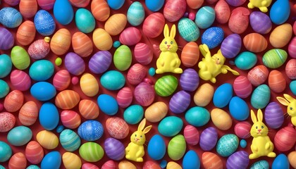 Happy Easter Bunny with many colorful easter eggs background created with generative ai