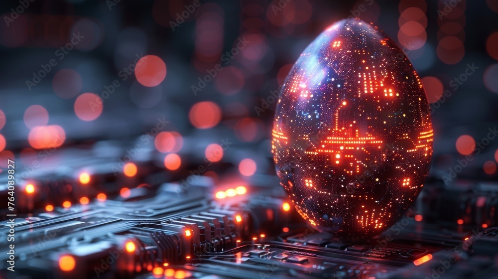 Poster Abstract 3D egg with circuit board texture on a greeting card with a tech futuristic style. Glowing digital modern illustration.