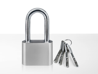 Lock padlock and key on white table, transparent background