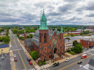 Saint Patrick Parish Church aerial view at 118 S Broadway in historic city center of Lawrence,...