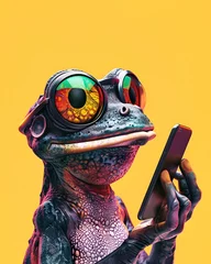 Deurstickers A black old geek frog knight with a phone © Nadim's Works