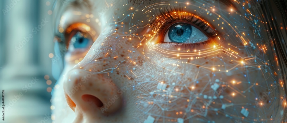 Poster Admin in image of God sets up neural network. Developing neural network. Digital AI in image robot with artificial intelligence. Developer creates cybernetic brain. 3D rendering available.