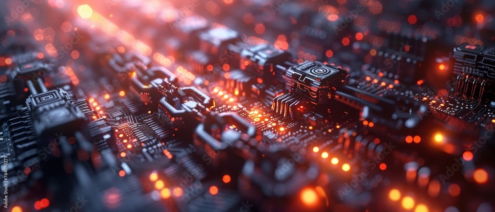 Poster Data center racks mine cryptocurrency, process big data comprised of chain of digital blocks, a concept of blockchain technology.
