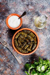 Dolma - stuffed grape leaves with rice and meat.