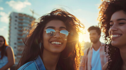 As dusk falls, a young woman out for a stroll with friends turns a glowing smile towards the camera, basking in the last light of day - obrazy, fototapety, plakaty