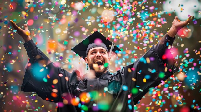 A joyful graduate in a cap and gown throws their mortarboard in the air with colorful confetti raining down